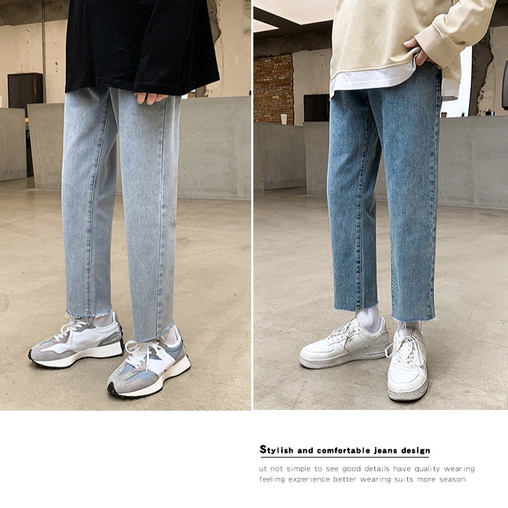 Quần Jean Baggy Nam Ống Rộng Cắt Gấu Màu Xanh Đậm Unisex Vải Không Phai Màu-B03 | BigBuy360 - bigbuy360.vn