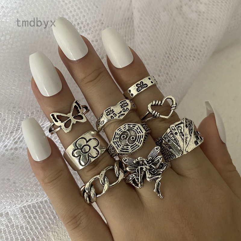 Tmdbyx Set 6 Nhẫn Đeo Khớp Ngón Tay Hình Mặt Nạ Xúc Xắc/Trái Tim/Đầu Lâu Màu Bạc Đen Cổ Điển Thời Trang Nữ