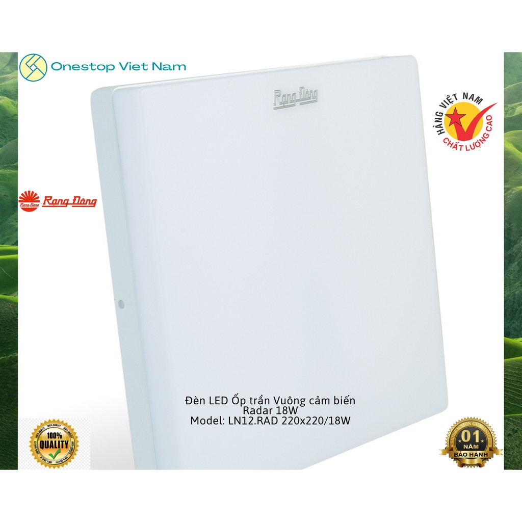 Đèn LED ốp nổi trần vuông cảm biến Rạng Đông 18W -  LN12.RAD  -  tràn viền, á/s trắng