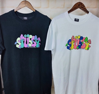 STUSSY Áo Thun Tay Ngắn In Hình Cây Nấm Màu Trắng Đen Hai Màu Phiên Bản Úc