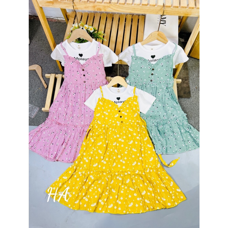 Váy bé gái 2 dây kèm áo thun trắng dáng dài size Đại 20-35kg XHN839