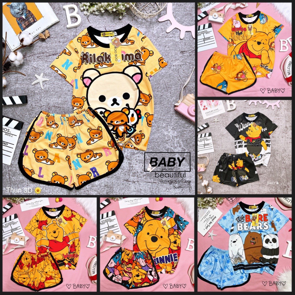 (21-28kG) Đồ bộ đùi baby thun lạnh cho bé trai hoặc bé gái.gấu pooh-ếch keroppi-ku shin-snoopy-bò sữa BOO-doraemon