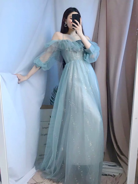 (8 ảnh thật) Đầm dạ hội xanh rêu tôn da (Đầm cô dâu) (ib mình để lấy thêm ảnh thật)