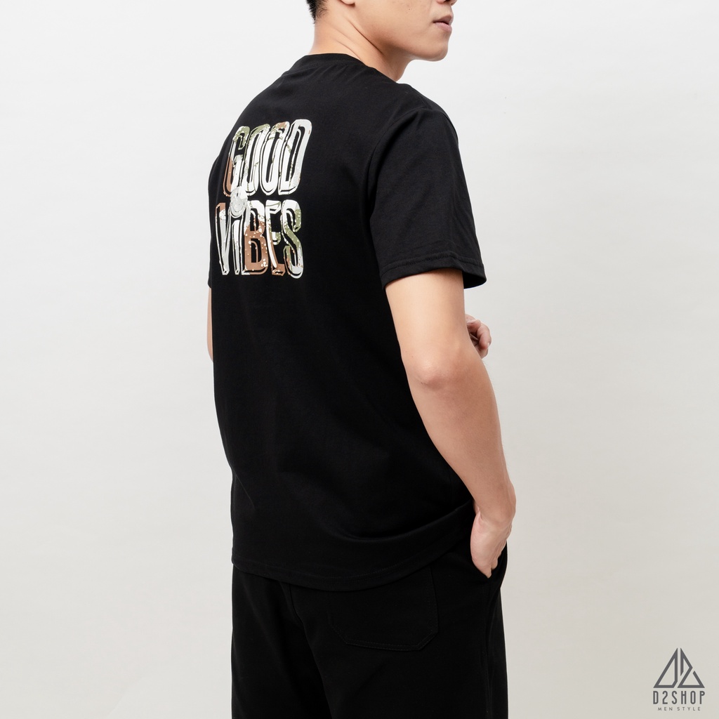 Áo thun D2shop, áo thun cổ tròn in lưng chữ nổi GOOD VIBES, in chữ nổi, màu đen