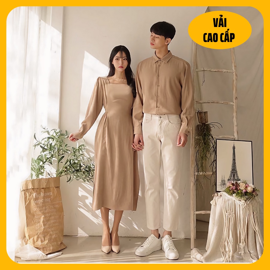 Áo đôi áo cặp - GIÁ TỐT NHẤT - đồ đôi nam nữ cao cấp, đồ đôi đi biển: Set áo váy sơ mi cặp Hàn Quốc dáng dài COUPLE