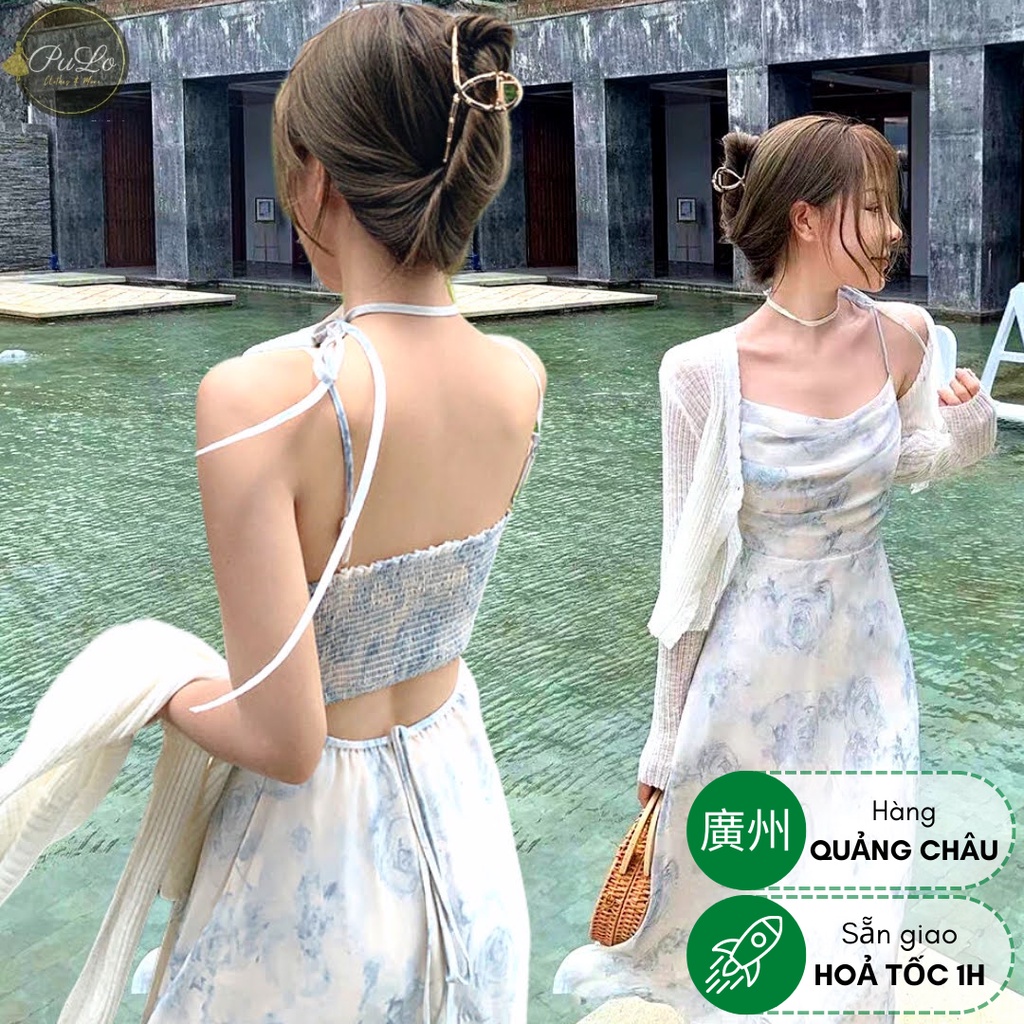 Set đầm dự tiệc, váy voan tơ đi biển cutout lưng sang chảnh hàng Quảng Châu nữ tính D550