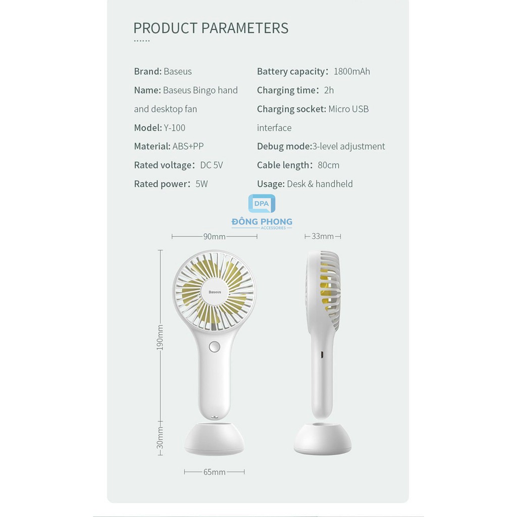Quạt Mini Cầm Tay Baseus Bingo 3 Chế Độ Làm Mát, Pin 1800mAh Có Chân Đế Để Bàn | BigBuy360 - bigbuy360.vn