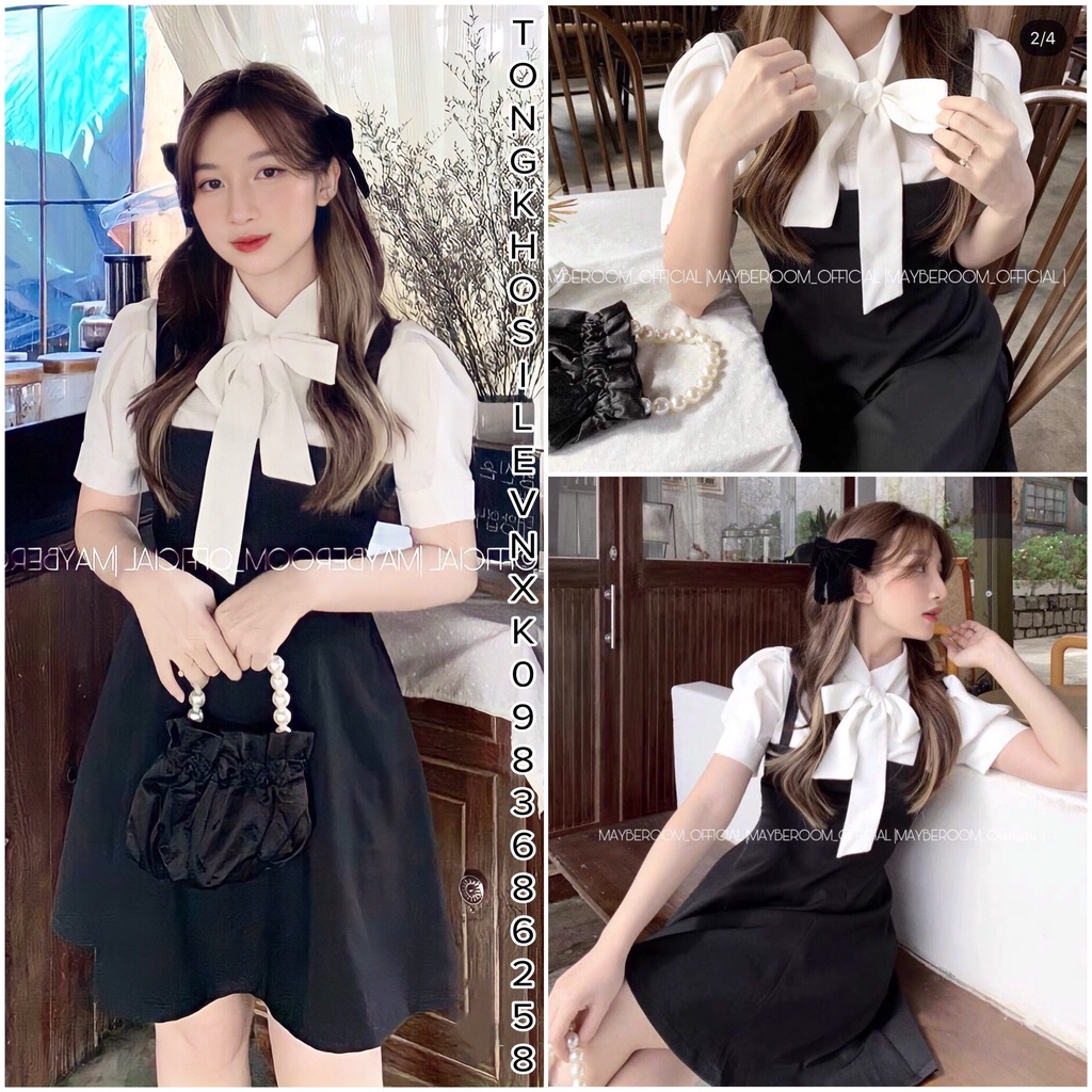 Bộ Đầm Yếm Đen Nữ + Áo Sơ Mi Nơ Ngực 🦋 Set Áo Trắng Sơ Mi Cột Nơ Mix Váy Nữ 2 Dây Cộc Tay Dáng Ngắn