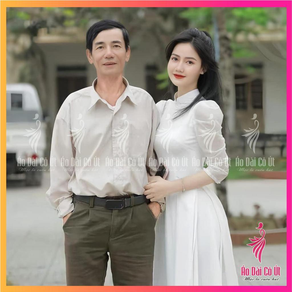 Áo Dài Trắng Truyền Thống Nữ 4 Tà Vải Tơ Óng Tay Bồng Hàng May Sẵn