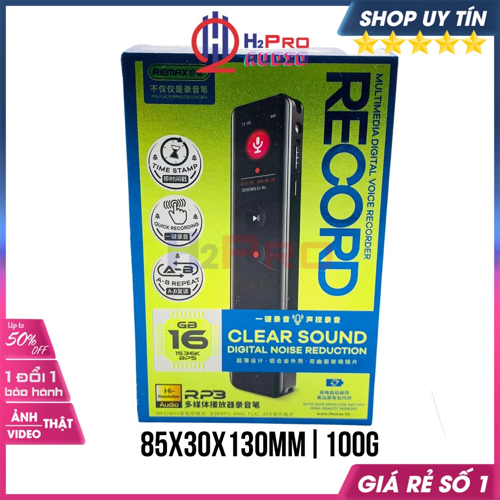Máy Ghi Âm Mini Remax Rp3, Máy Ghi Âm Chuyên Nghiệp, Thu Phát Âm Thanh Rõ Nét Chống Ồn, Bộ Nhớ 16G, Pin Sạc-H2Pro Tech