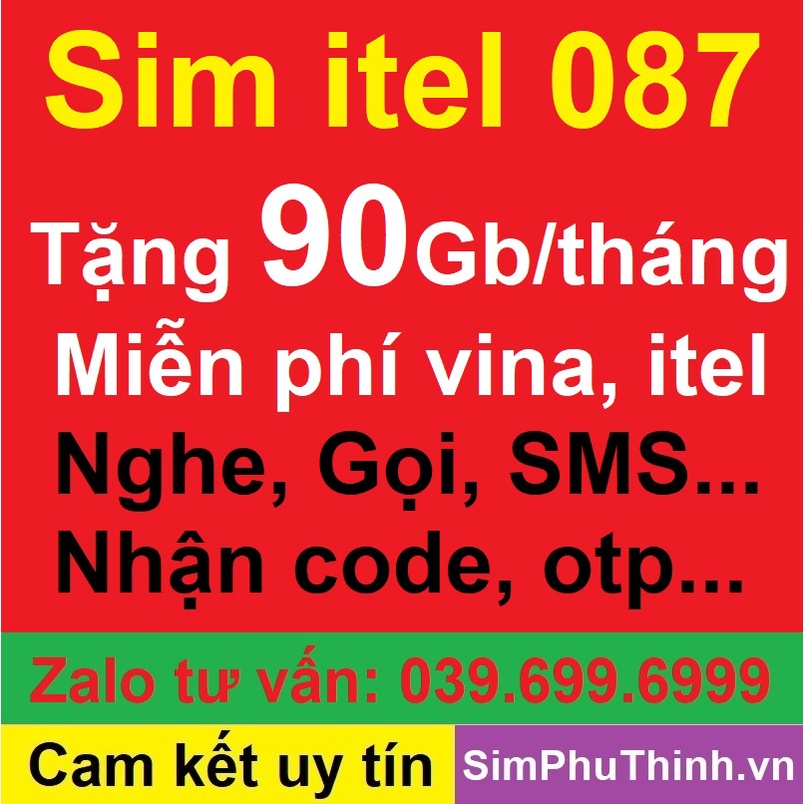 Sim data itel 087, Sim 0đ, Tặng 90Gb/tháng miễn phí gọi vina