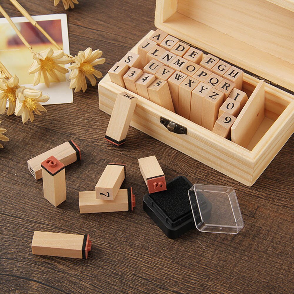 Set 36 Con Dấu Gỗ Khắc Chữ Cái + Hộp Mực