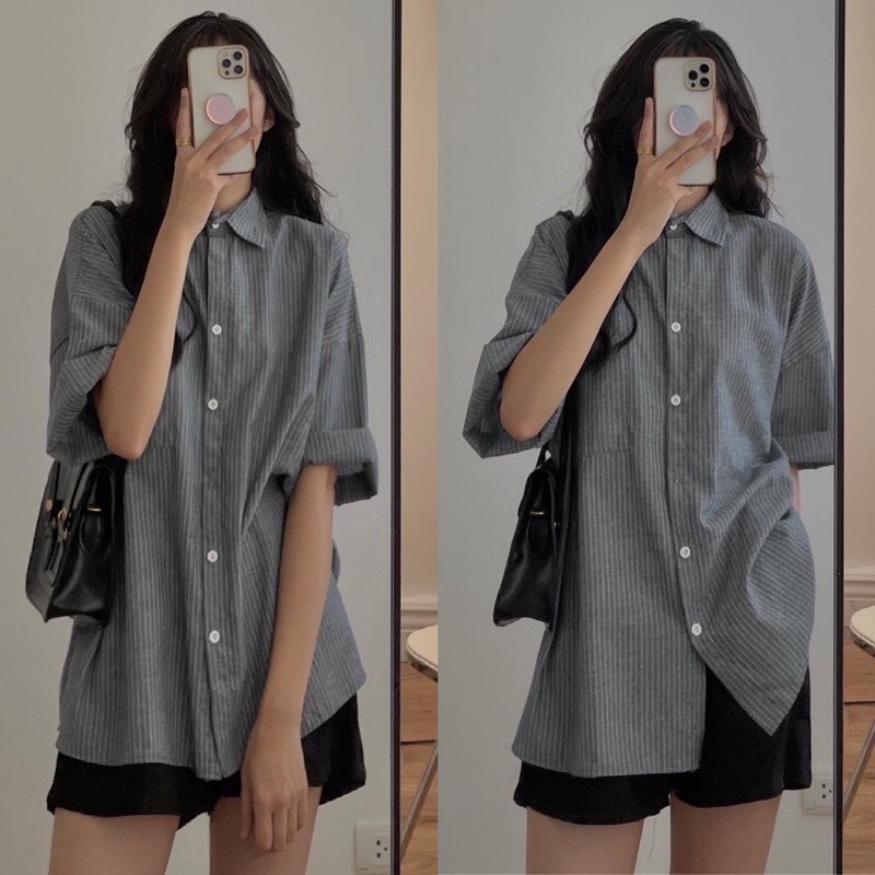 Áo sơmi kẻ cổ đức tay lỡ có túi ngực from rộng