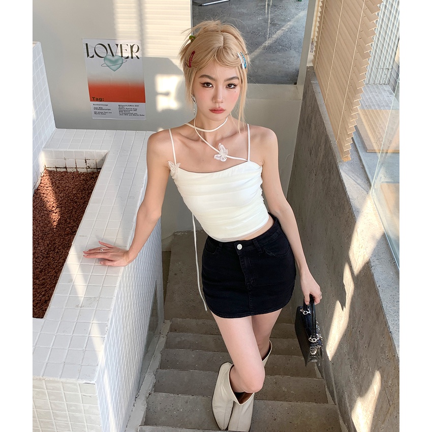 Áo Tank Top Xếp Ly Phối Ren Hình Bướm Thời Trang Cho Nữ