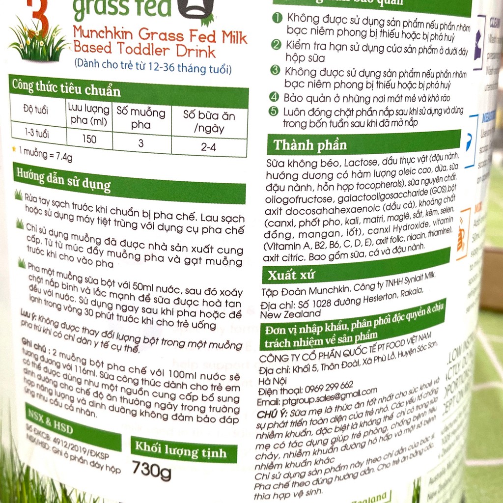 [Mã 267FMCGSALE giảm 8% đơn 500K] Sữa Munchkin Grass Fed 730g hàng phân phối chính hãng