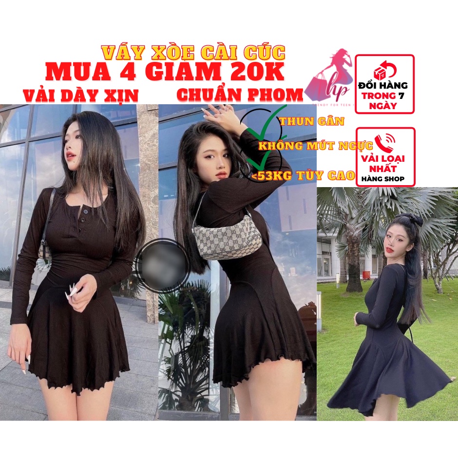 Váy đầm nữ body dáng xòe cài cúc tay dài màu đen thun gân sexy phong cách sang chảnh hàn VD140