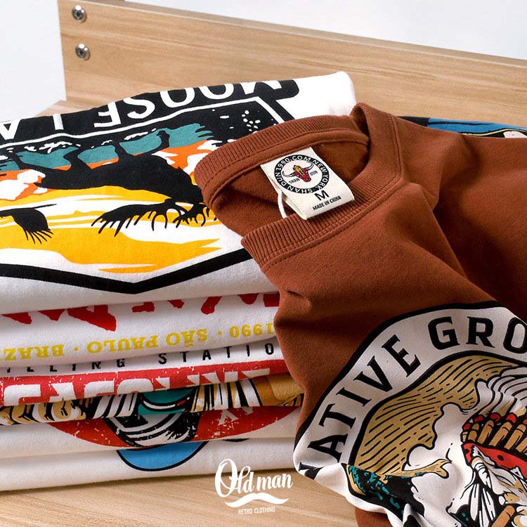 Áo Thun In Vintage Bộ Lạc, Áo Phông Retro Nam Cổ Tròn Cổ Điển Cotton Thoáng Mát, Vải Mịn, Phong Cách Amekaji OLDMAN | BigBuy360 - bigbuy360.vn