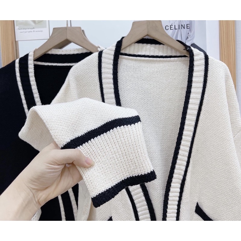 Áo khoác cardigan len viền sọc đen trắng siêu xinh | BigBuy360 - bigbuy360.vn