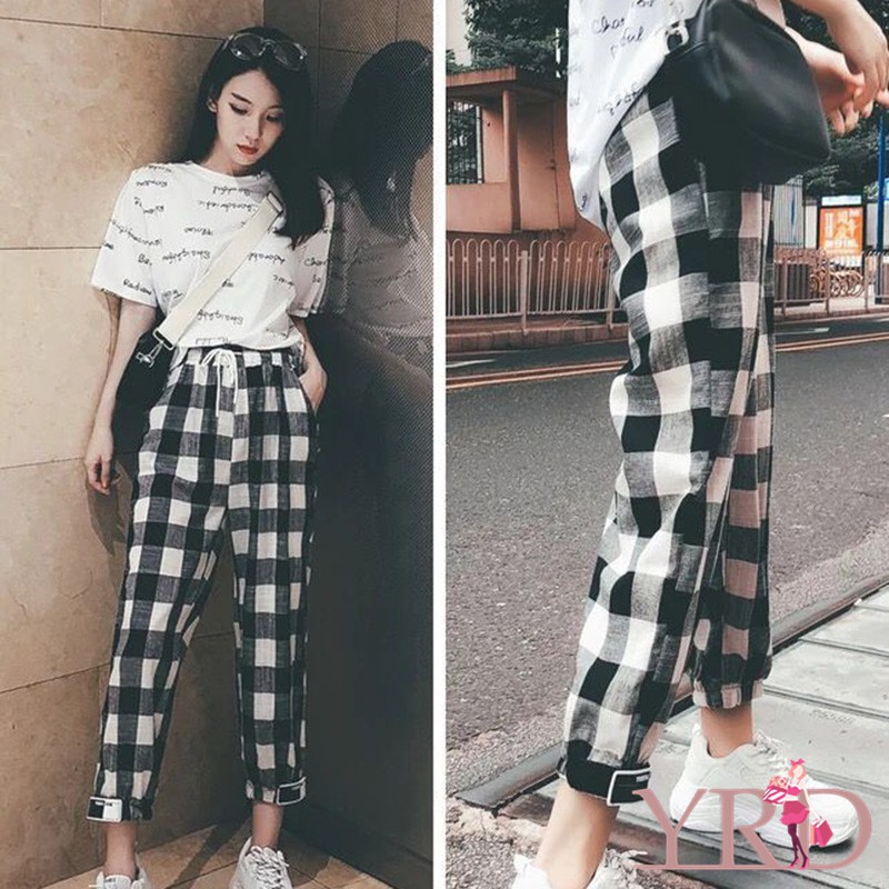 Quần dài dây rút họa tiết ca rô trắng đen thời trang cho nữ | BigBuy360 - bigbuy360.vn