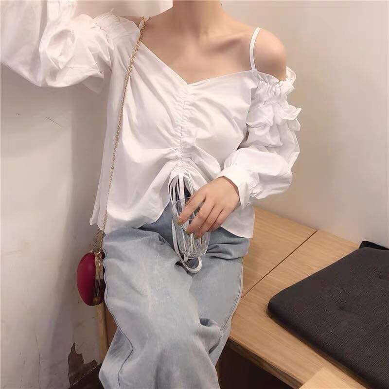 (QUÀ TẶNG LÀ 1 DÂY CỘT TÓC) Áo Kiểu Hở Vai 2 Dây NỮ 🦋FREESHIP🦋 Áo Trễ Vai Màu Trắng Croptop