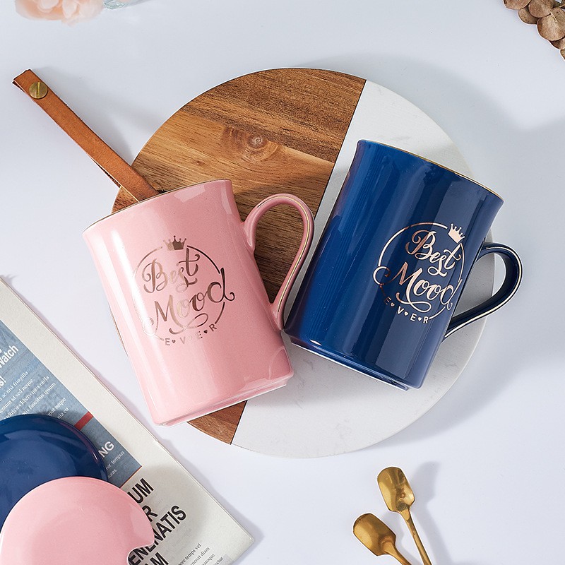 Ly cốc sứ có nắp BEST MOOD viền vàng cực đẹp