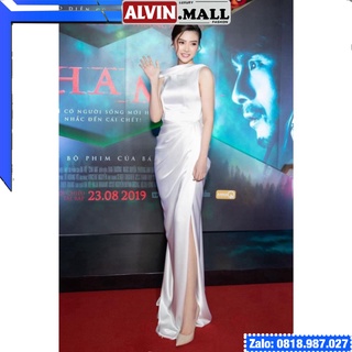 Quảng Châu CAO CẤP Đầm dạ hội kiểu sát nách cổ đổ sau hở lưng xẻ tà nhún xếp ly eo màu trắng vải phi lụa lady