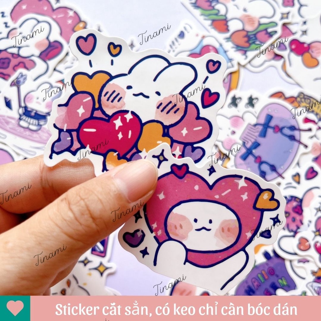 Set 50 Sticker Thỏ Tím Cute không trùng nhau hình dán chống nước dùng trang trí sưu tầm làm quà tặng STK.001