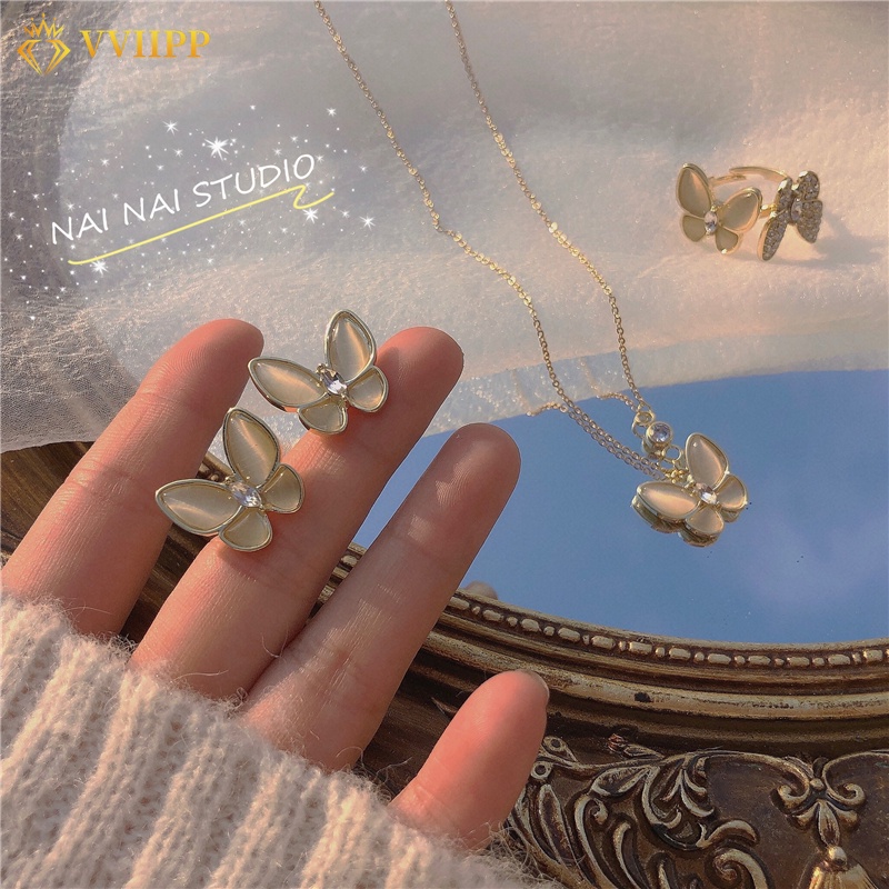 Vòng cổ / Nhẫn / Khuyên tai mặt hình bướm đính đá/ ngọc trai nhân tạo xinh xắn dành cho nữ