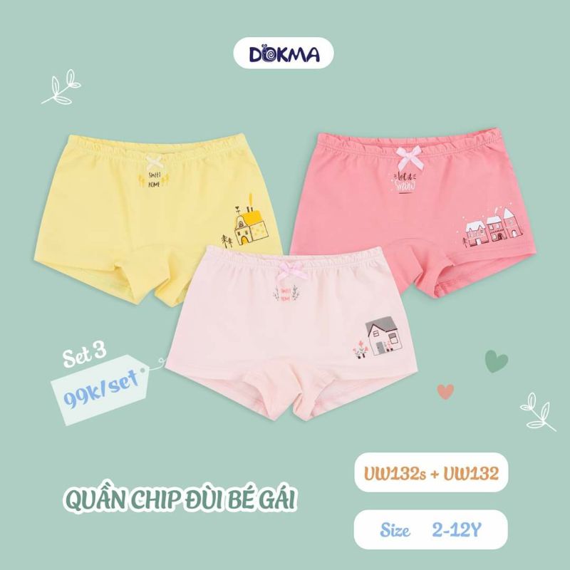 (2-&gt;10 tuổi) set 3 quần lót, chip đùi Dokma- chất cotton hữu cơ siêu mềm mát (UW132)