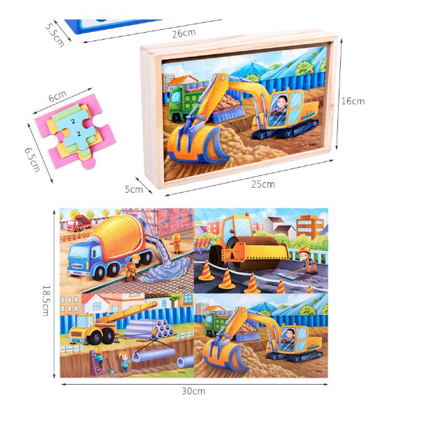 Đồ chơi ghép xếp hình 4 cấp độ  Puzzle 4 trong 1 gồm bộ 12, 24, 36, 48 miếng chi tiết trong 1 hộp gỗ cao cấp cho bé