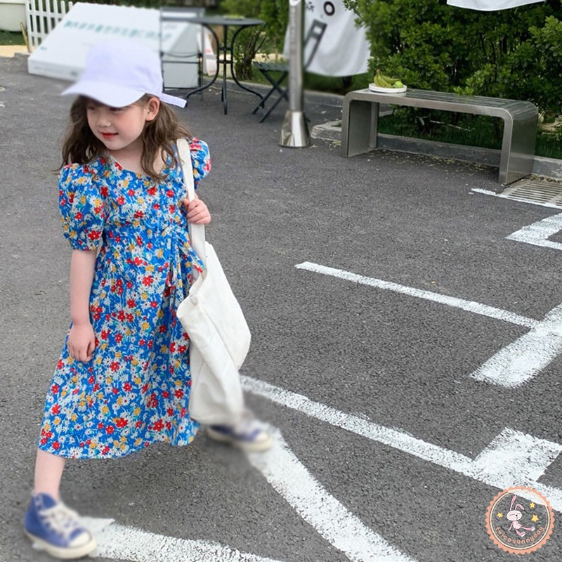 Đầm Công Chúa Tay Ngắn Phồng Cổ Chữ V In Họa Tiết Hoa Phong Cách Hàn Quốc Dành Cho Bé Gái