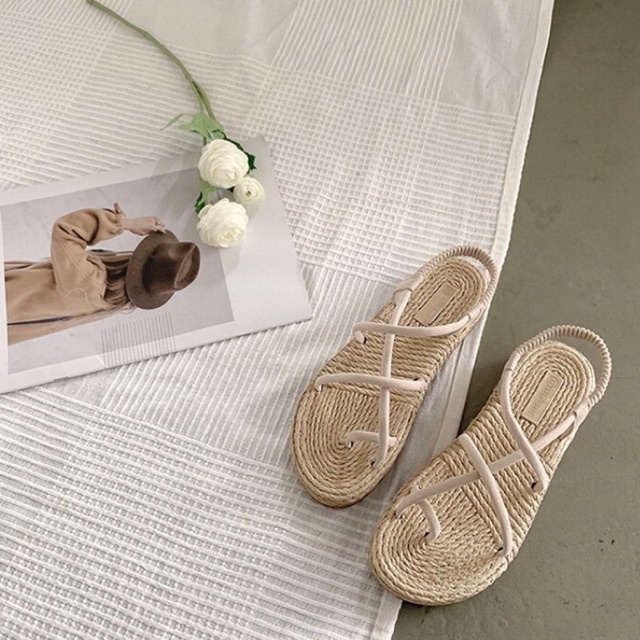 Sandal dây chéo đế cói dây nhung đi học, đi chơi