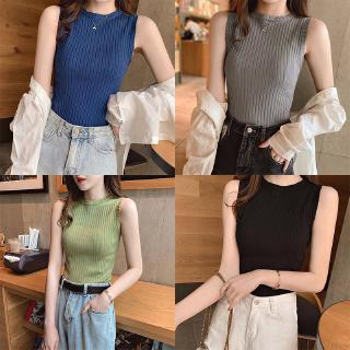 Áo dệt kim sát nách cổ tròn màu trơn có 8 màu lựa chọn