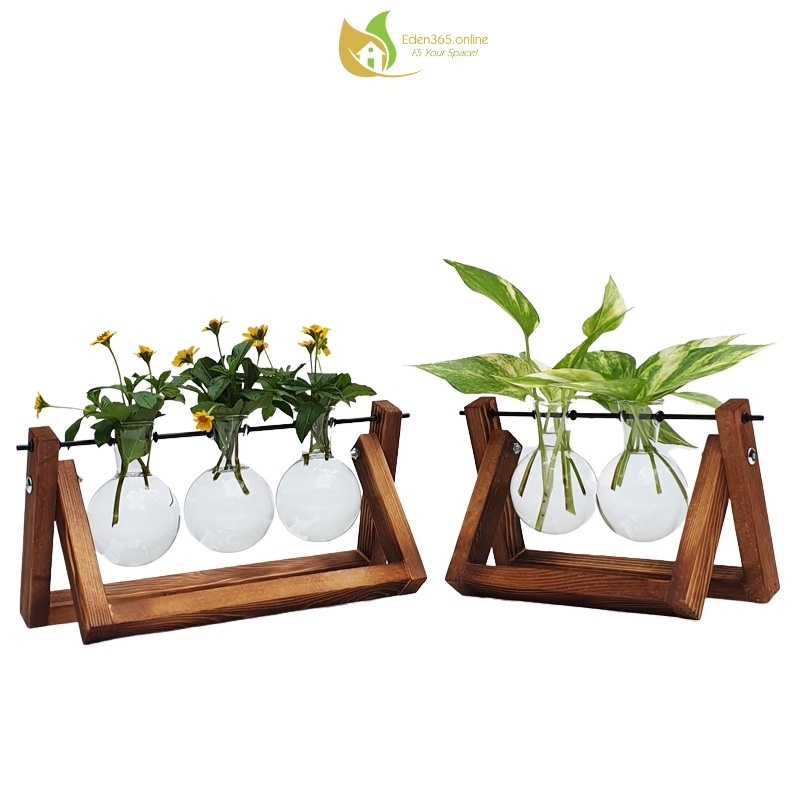 Bộ bình hoa thủy tinh treo giá gỗ phong cách retro, bình trồng cây thủy sinh, trang trí ban làm việc - Kute Nest