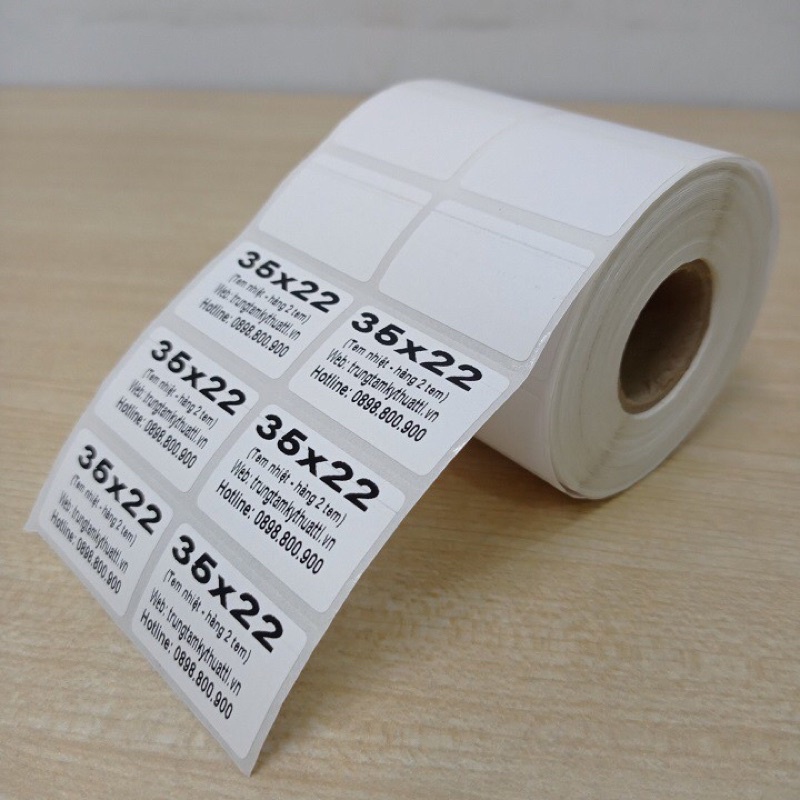 Cuộn 2400 tem decal nhiệt 35x22mm 2 hàng tem dài 30m dùng để in tem mã vạch Minicode dán lên sản phẩm và hàng hóa