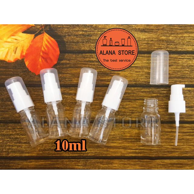 Lọ chiết mỹ phẩm thủy tinh trong vòi ấn ngắn trắng 10ml