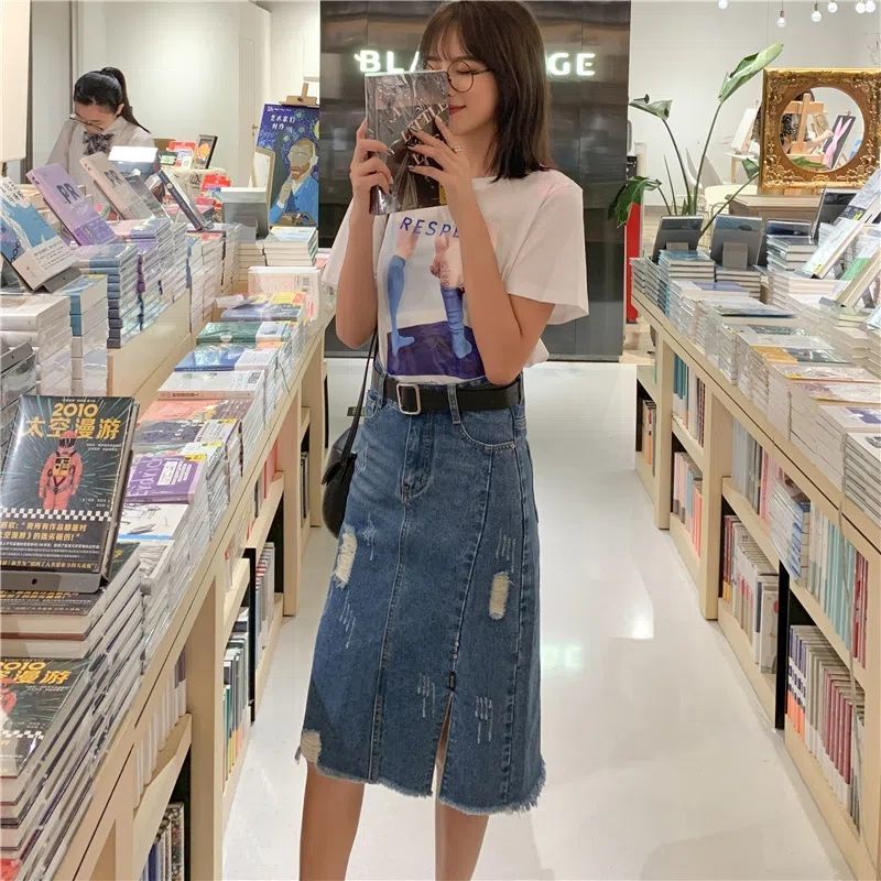 Chân váy jean Chữ A Lưng Cao Thiết Kế Xẻ Rách Thời Trang Mùa Hè Cho Nữ