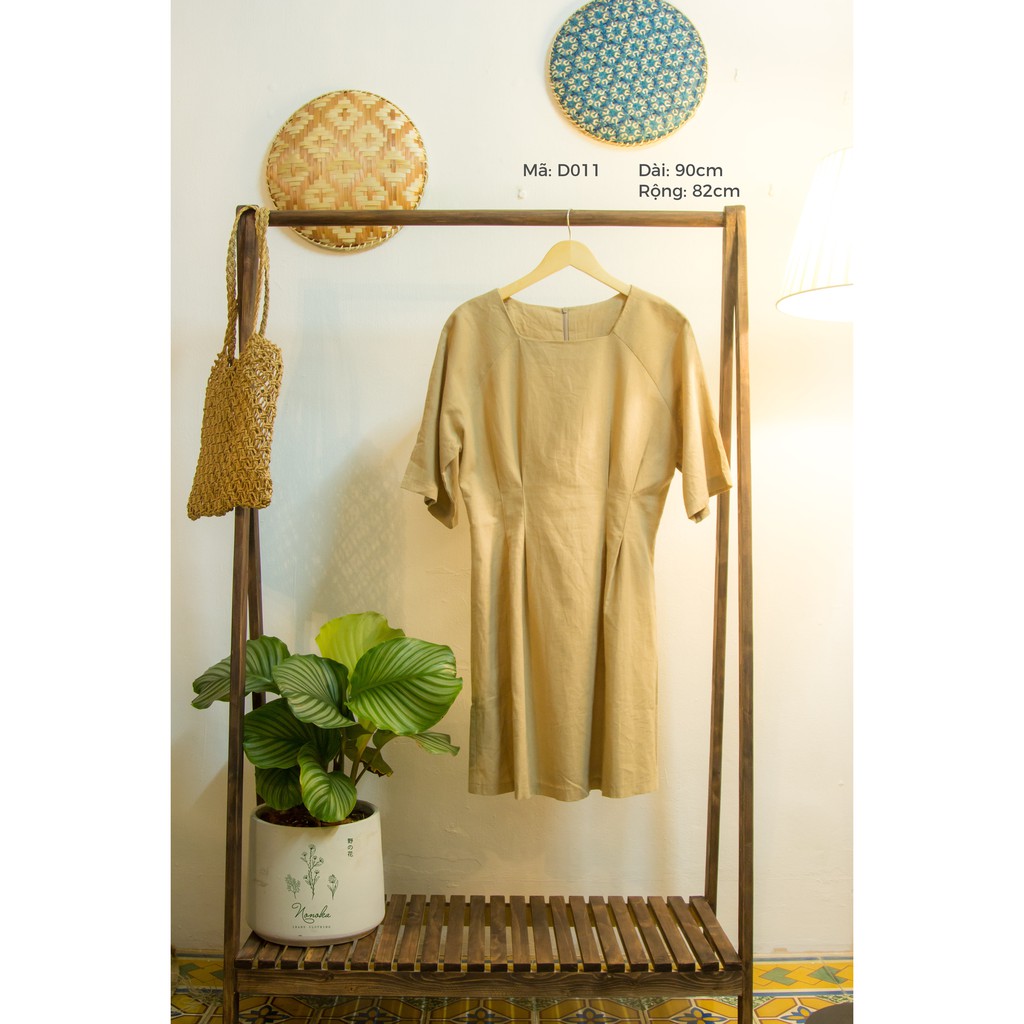 Đầm linen 2hand màu nâu nhạt cổ vuông