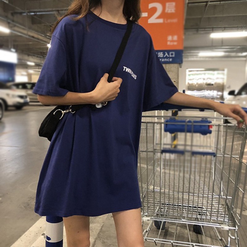 Áo Thun Tay Ngắn Cổ Tròn Dáng Rộng Dài Kiểu Hàn Quốc Dễ Thương Cho Nữ