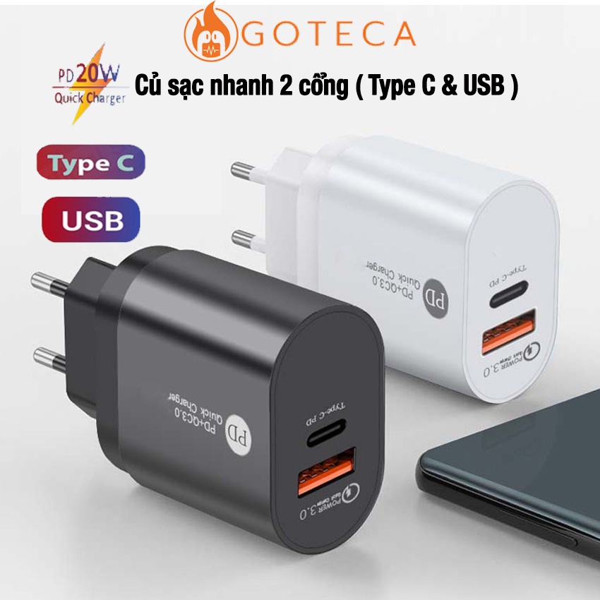 Củ sạc nhanh 2 cổng 20W dành cho ipX,Xsmax,13,12,14,11 - PD Type C và USB QC 3.0 -Goteca