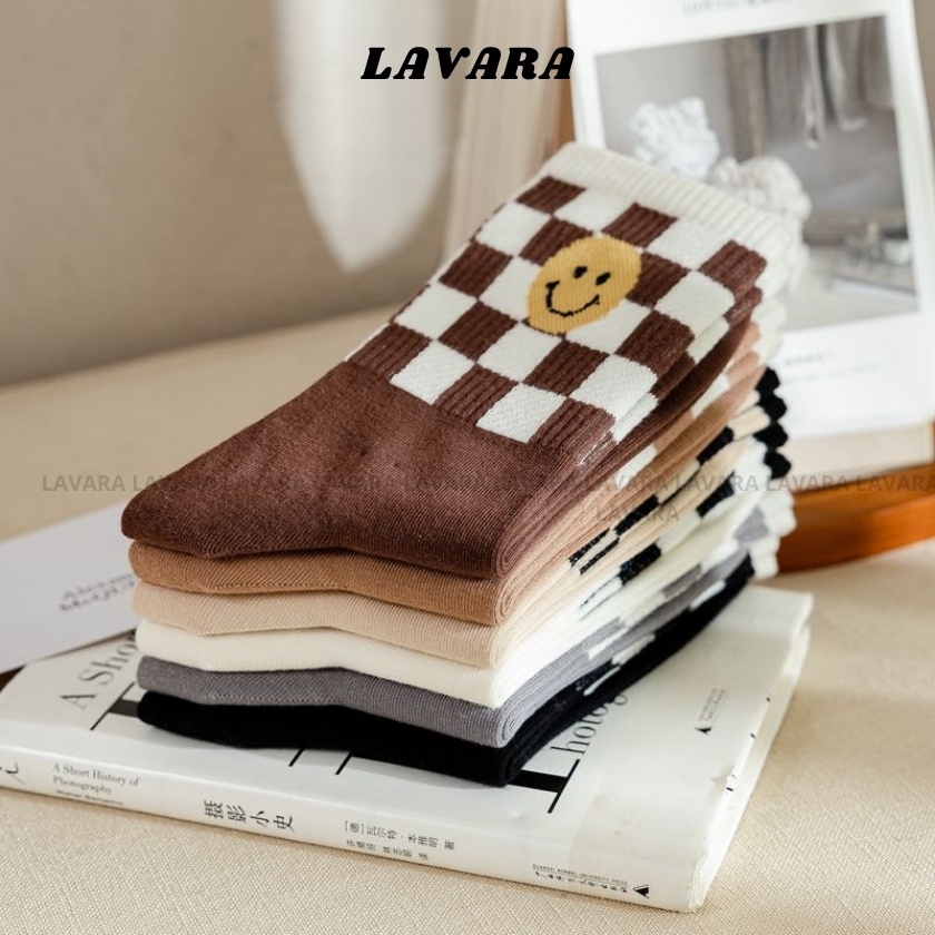 Tất vớ nữ cao cổ hoạ tiết mặt cười phong cách vintage ngọt ngào dễ thương LAVARA TA01