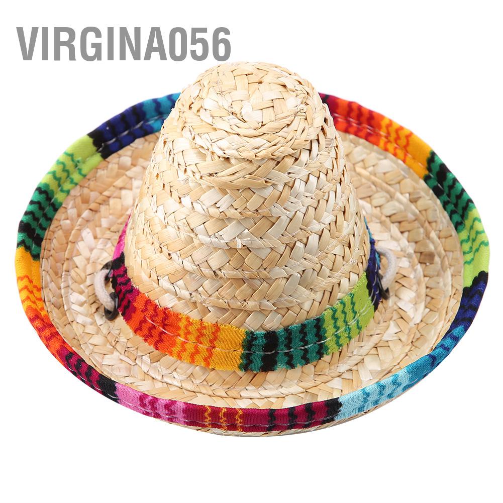 Virgina056 Virgina056 Mũ dự tiệc Sombrero rơm nhỏ cho thú cưng / chó con mèo có điều chỉnh dây bông