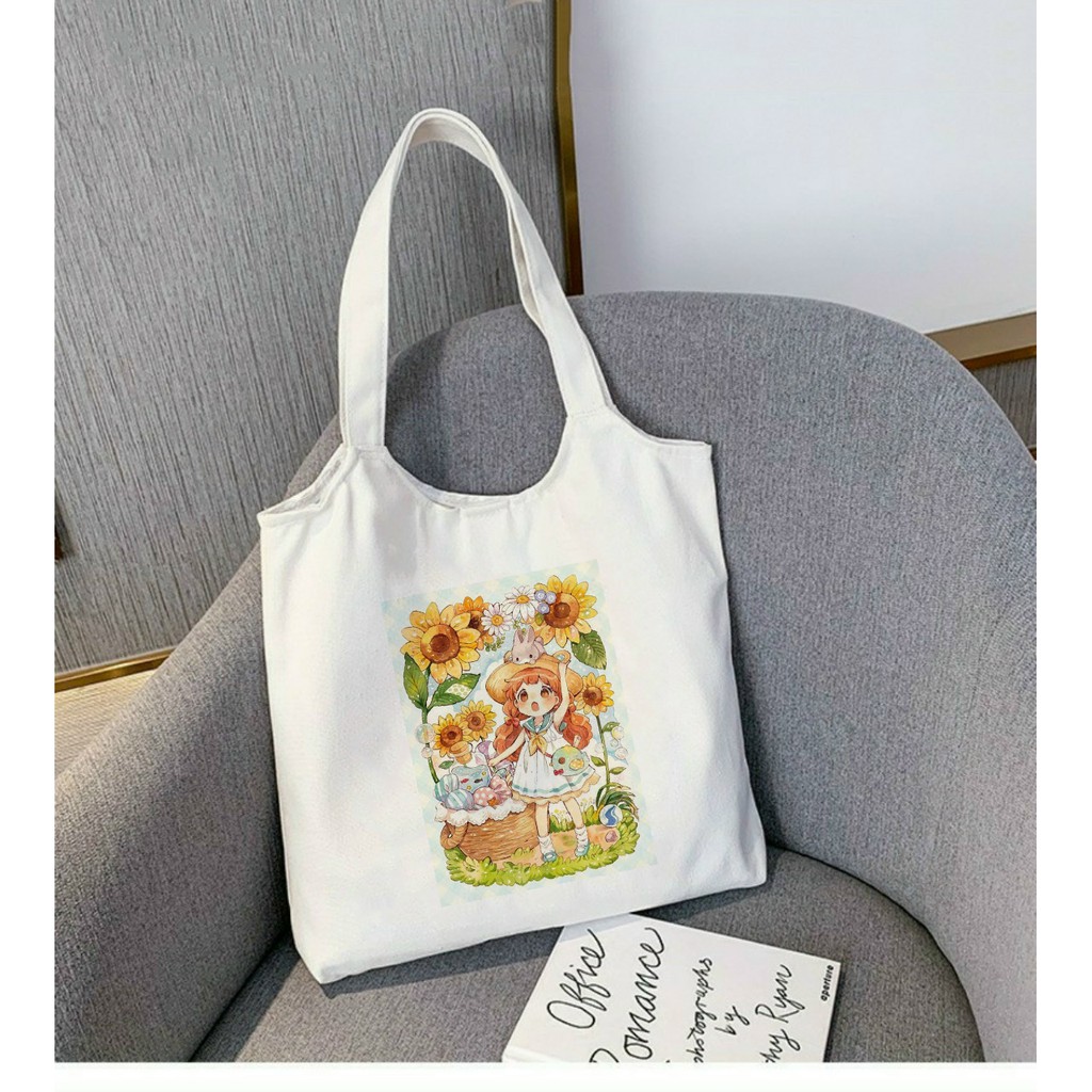 Túi Tote *BẦU* Vải Canvas đeo vai CÔ GÁI VÀ HOA - Hàn Quốc Có Khóa Miệng Túi