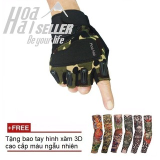 Găng tay dã chiến quân đội HOAHAI đa năng cao cấp (rằn ri xanh lá) + Tặng kèm bao tay hình xăm 3D