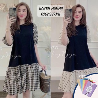 Đầm Bầu Váy Bầu Mùa Hè Dáng Suông Đuôi Cá Phối Chân Kẻ Caro Chấm Bi HD2851 Honey Mommy