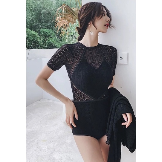 Đồ bơi nữ một mảnh hoạ tiết ren kèm khăn cuốn, áo tắm nữ liền thân với 2 màu đen và trắng, size 40-70kg