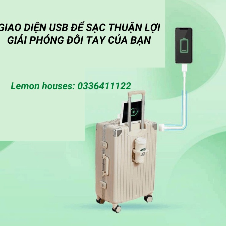 Vali du lịch khung nhôm khóa sập kèm chức năng sạc, đựng bình nước, chống va đập