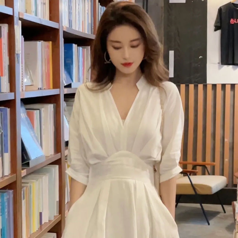 Đầm trắng đầm dài váy đi biển đầm dài đầm dự tiệc cưới đầm vintage đầm bigsize nữ đầm đi tiệc váy tiểu thư sang chảnh váy nữ xinh váy cổ v