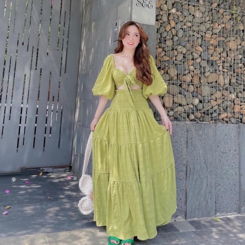 Đầm váy maxi xanh bơ xanh cốm đi biển đũi áo nhún xoè tay phồng set áo croptop tay bồng chân váy dài đi chơi đi biển