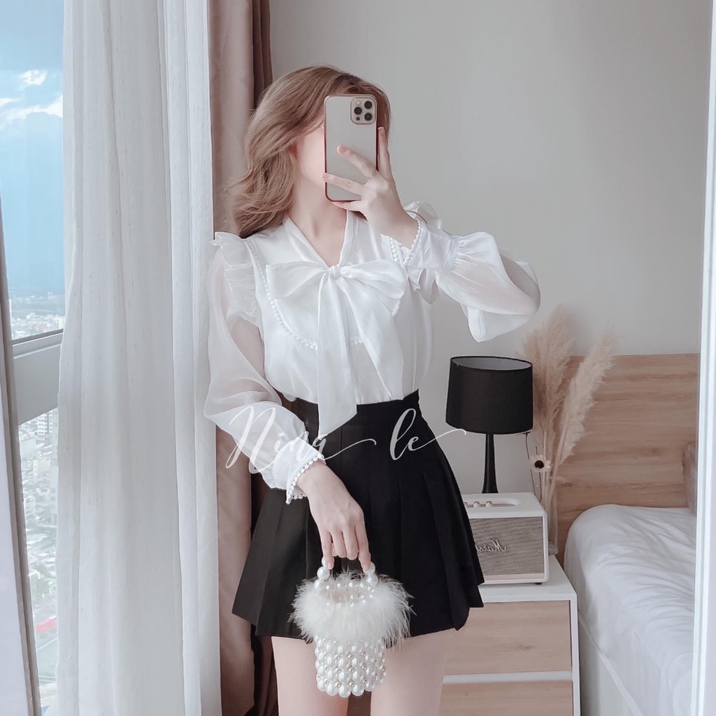 [ảnh thật-sẵn]  Sơ mi nữ tơ nơ cổ viền ren hạt gạo